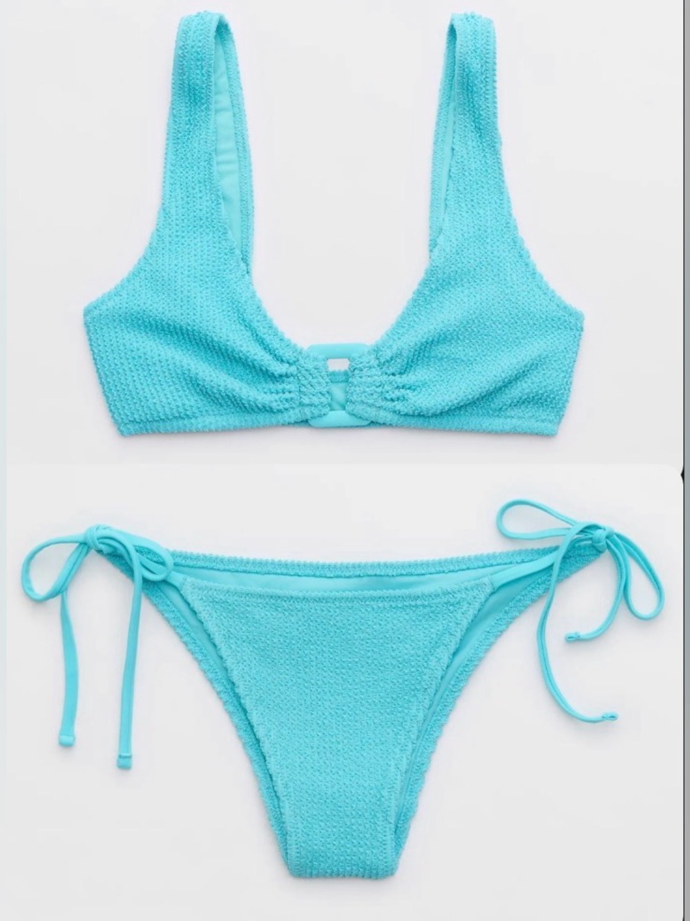 NWT Aerie FULL SET Shimmery Crinkle Wide Ring Top + String Tie Bottom Blue - S